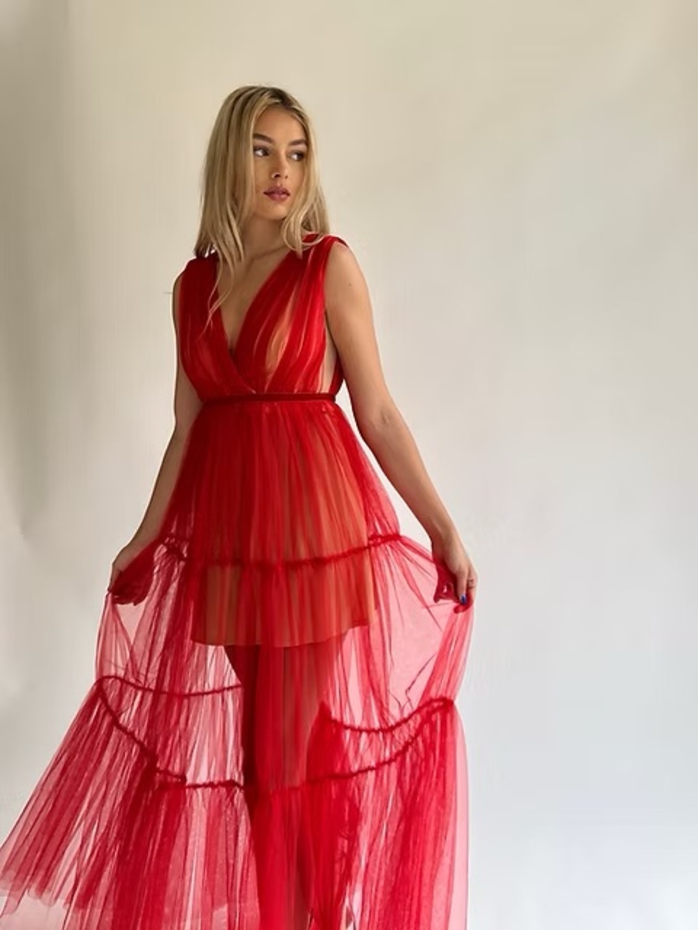 NWT Sau Lee Chloe Sheer Red Tulle Maxi Dress with Deep V Front and Back 4